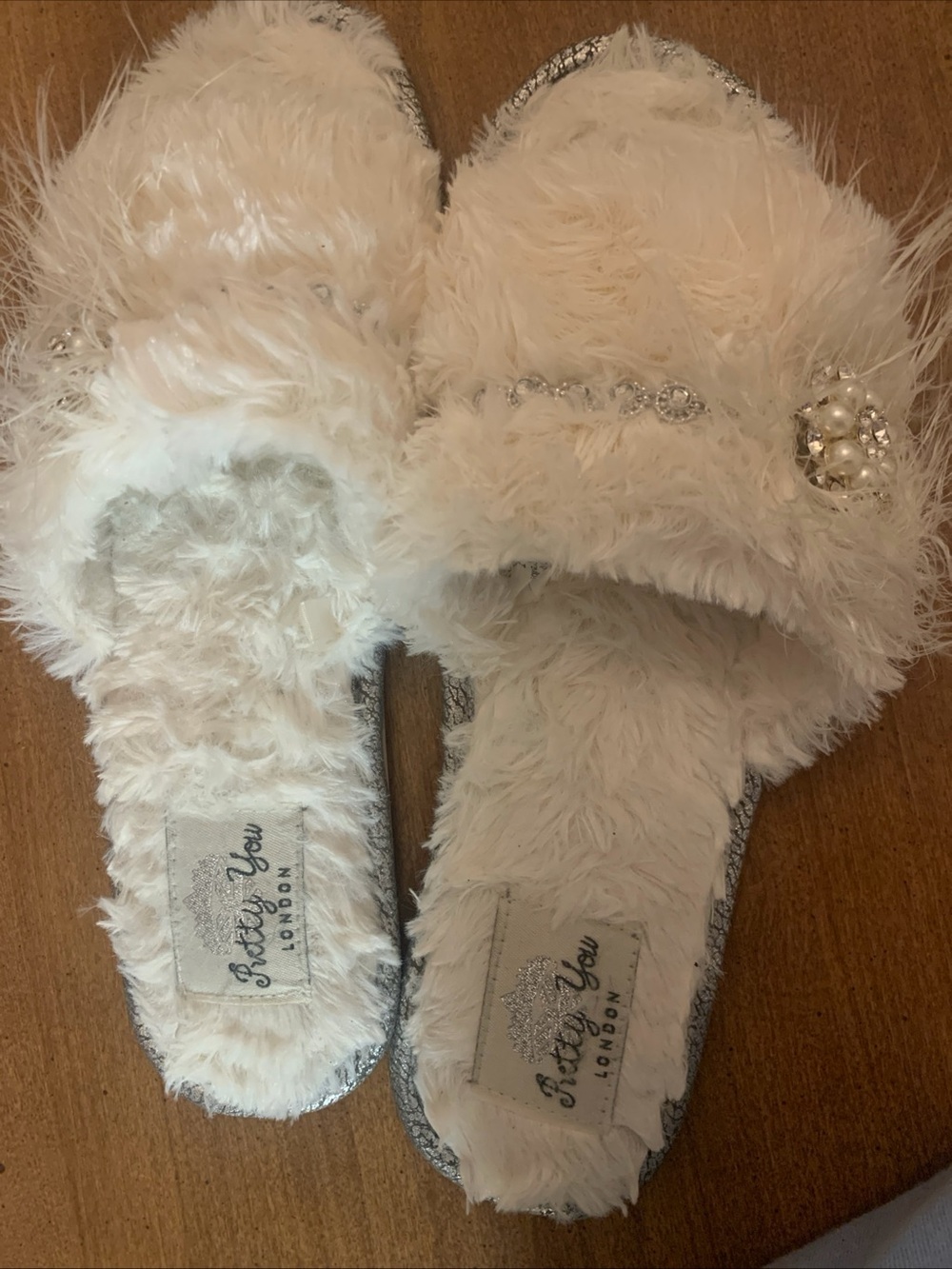 Pretty You Cream Fuzzy Slides with Silver Glitter Logo